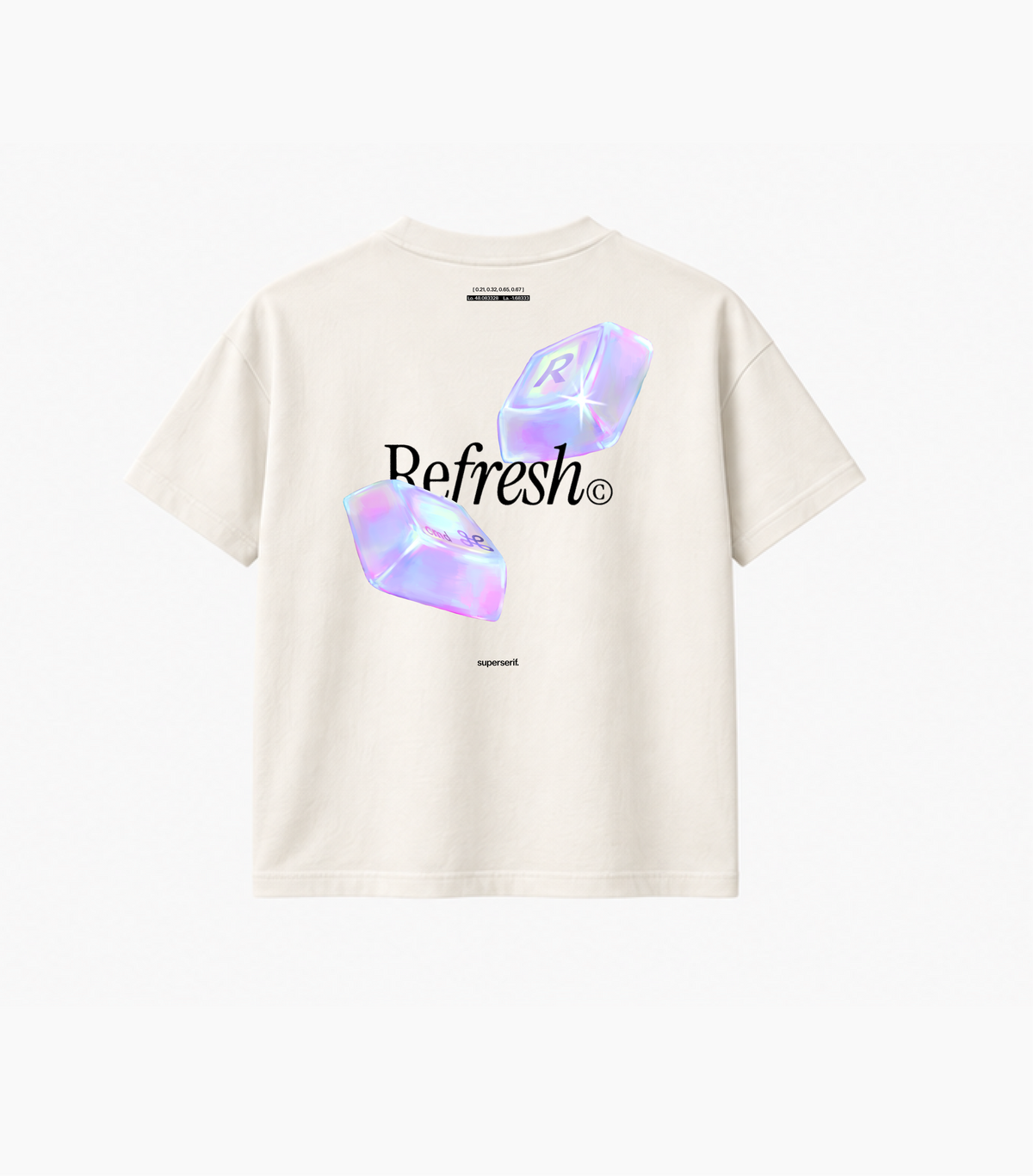 Dos du t-shirt Refresh, lettrage Refresh, glacons holographiques et touche R